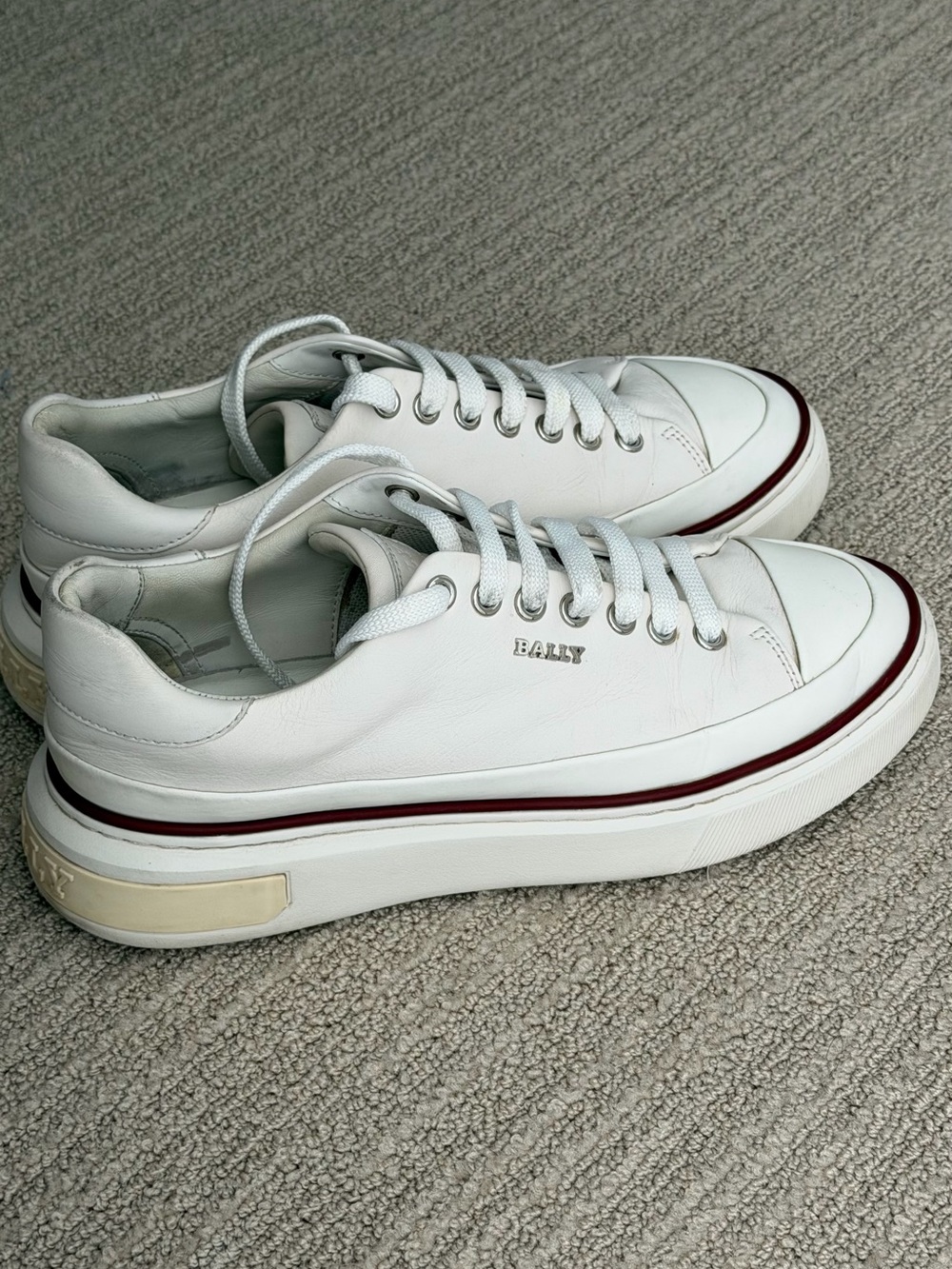 Bally White Leather Low-Top Sneakers with Burgundy Stripe